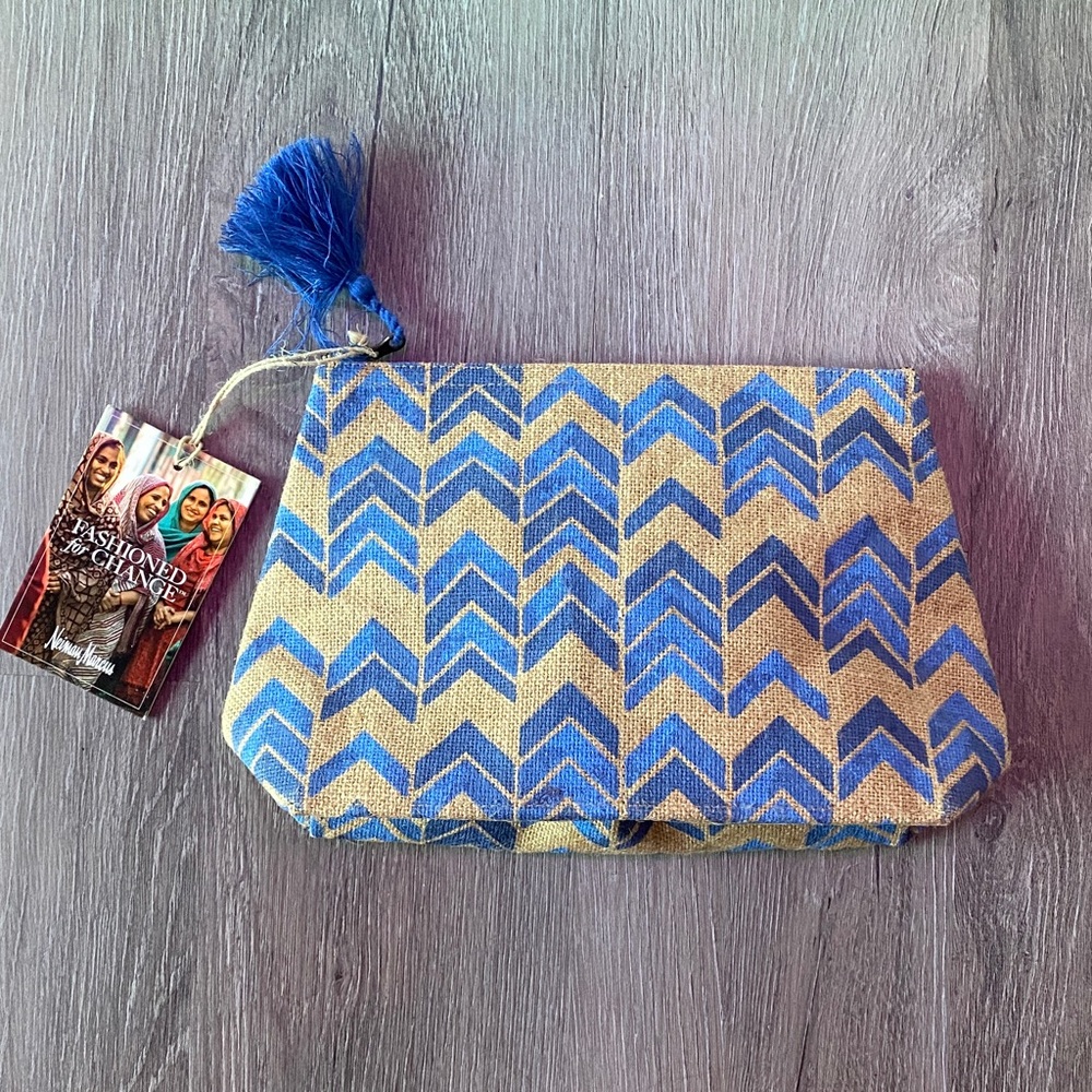 Neiman Marcus Blue and Tan Chevron Jute Cosmetic Bag